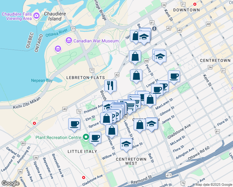 map of restaurants, bars, coffee shops, grocery stores, and more near in Ottawa