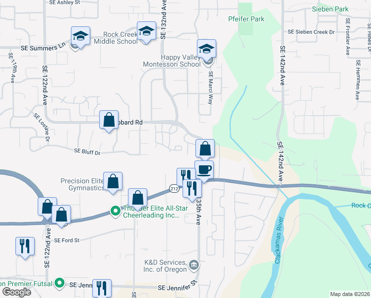 map of restaurants, bars, coffee shops, grocery stores, and more near 15123 Southeast Myra Lane in Clackamas