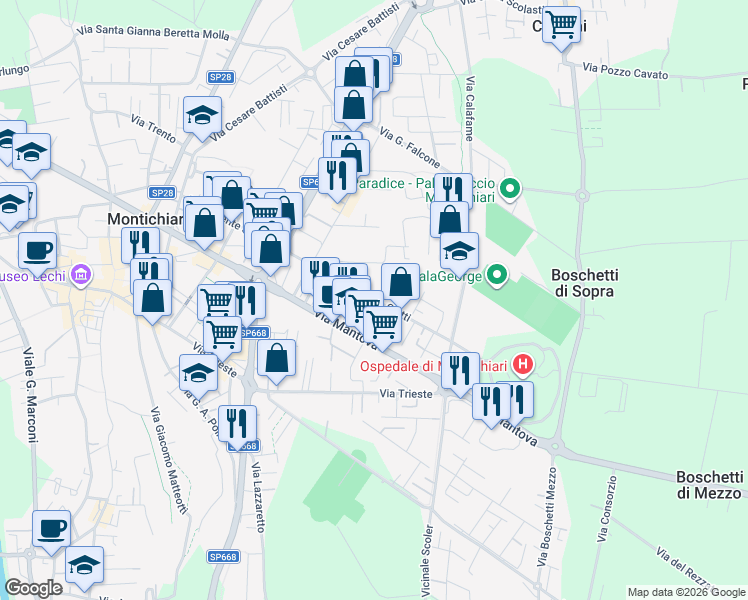 map of restaurants, bars, coffee shops, grocery stores, and more near 54 Via Giuseppe Ciotti in Montichiari