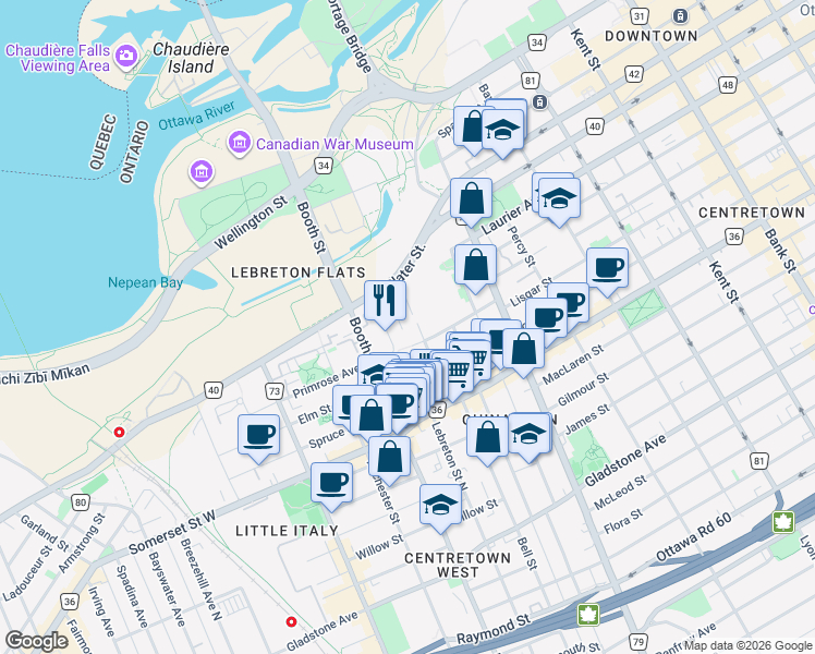 map of restaurants, bars, coffee shops, grocery stores, and more near 22 Perkins Street in Ottawa