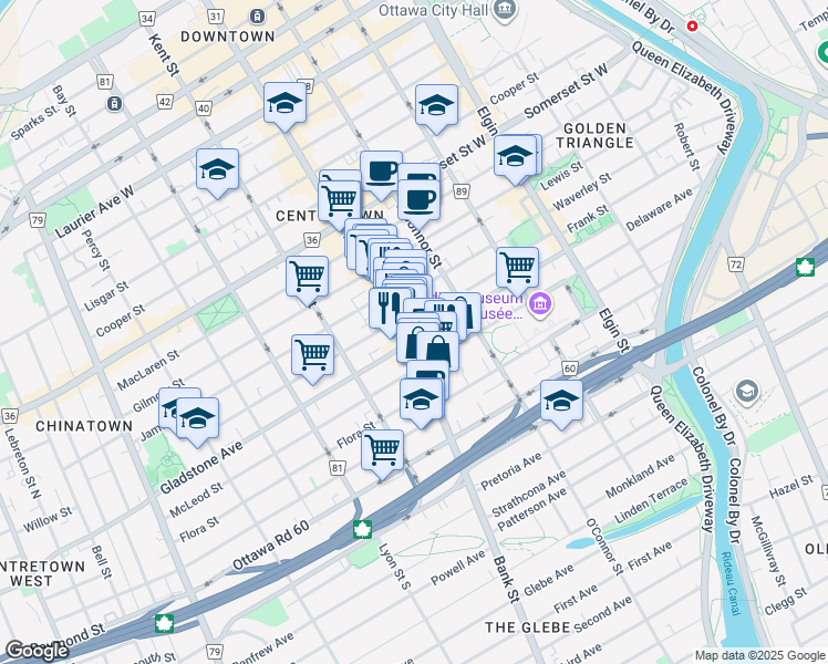 map of restaurants, bars, coffee shops, grocery stores, and more near 403 Bank Street in Ottawa