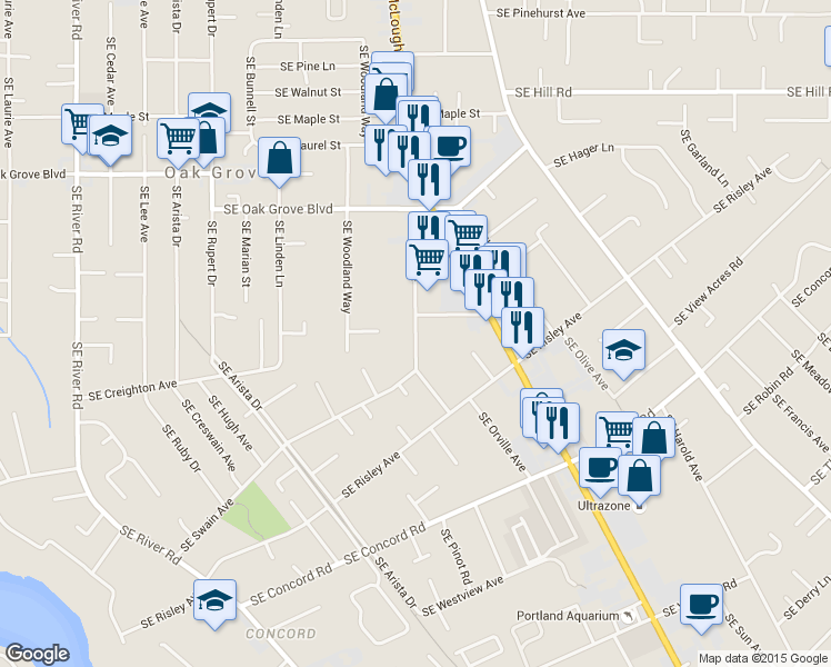 map of restaurants, bars, coffee shops, grocery stores, and more near 15234 Southeast East Avenue in Oak Grove