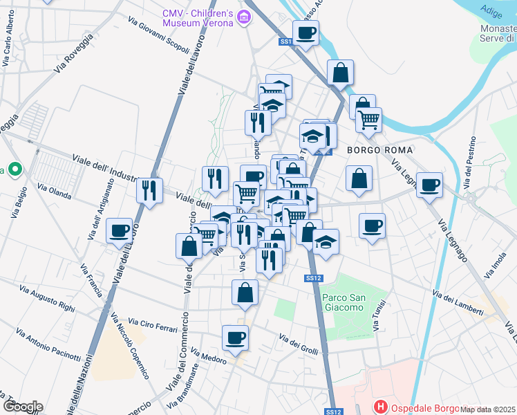 map of restaurants, bars, coffee shops, grocery stores, and more near 7 Via Monfalcone in Verona