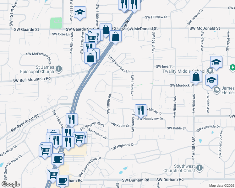map of restaurants, bars, coffee shops, grocery stores, and more near 14994 Southwest 109th Avenue in Tigard