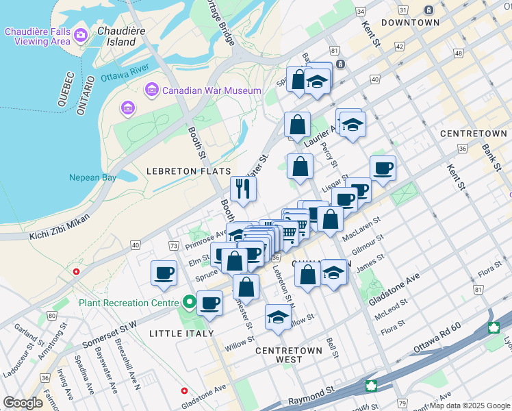 map of restaurants, bars, coffee shops, grocery stores, and more near 22 Perkins Street in Ottawa