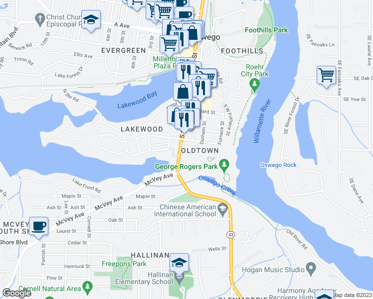map of restaurants, bars, coffee shops, grocery stores, and more near 21 Ladd Street in Lake Oswego