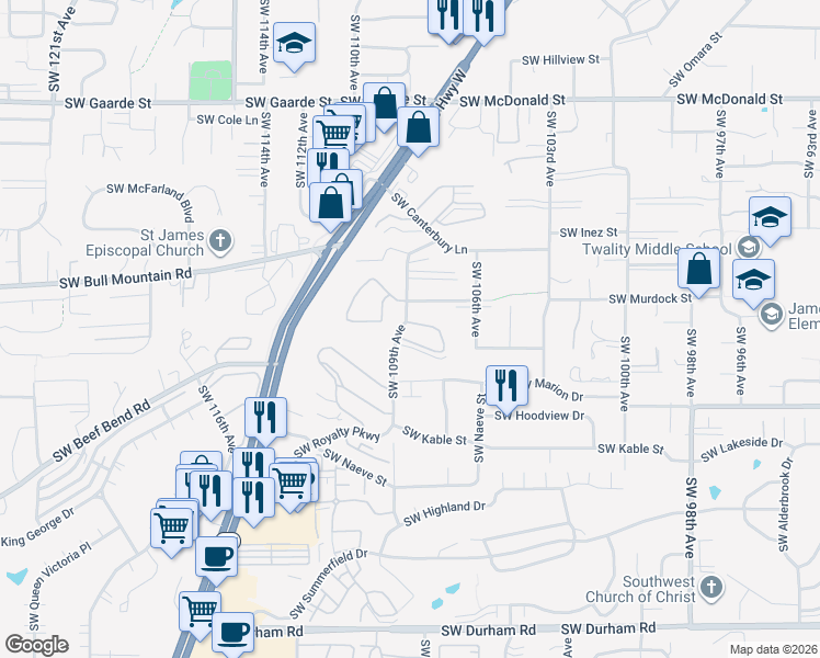 map of restaurants, bars, coffee shops, grocery stores, and more near 14994 Southwest 109th Avenue in Tigard