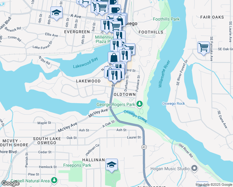 map of restaurants, bars, coffee shops, grocery stores, and more near 485 South State Street in Lake Oswego