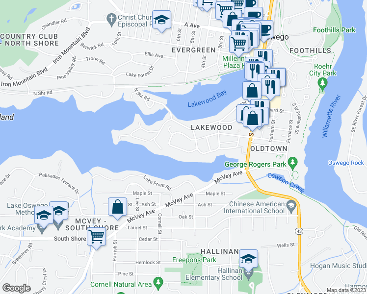 map of restaurants, bars, coffee shops, grocery stores, and more near 567 Ridgeway Road in Lake Oswego