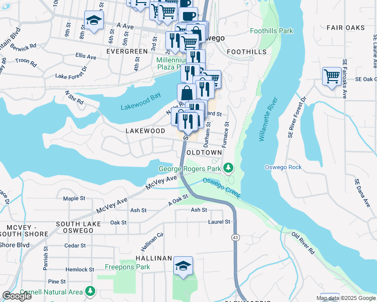 map of restaurants, bars, coffee shops, grocery stores, and more near 485 South State Street in Lake Oswego