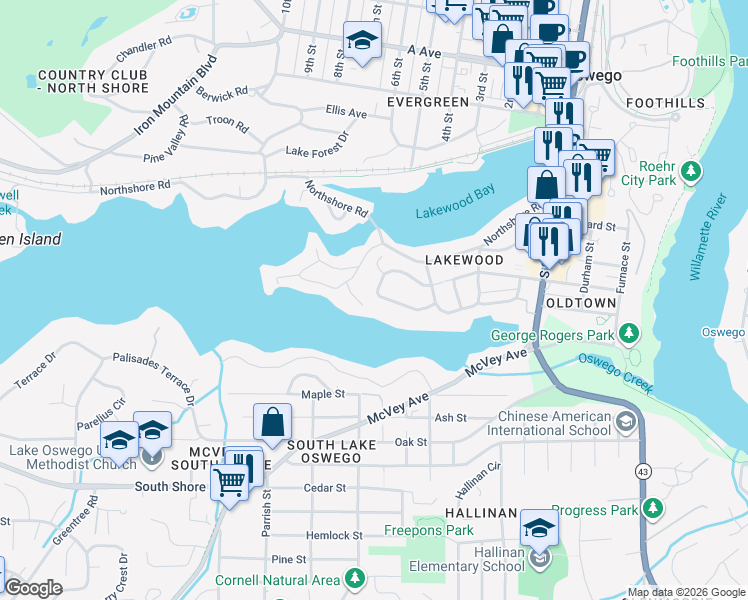 map of restaurants, bars, coffee shops, grocery stores, and more near 630 Ridgeway Road in Lake Oswego