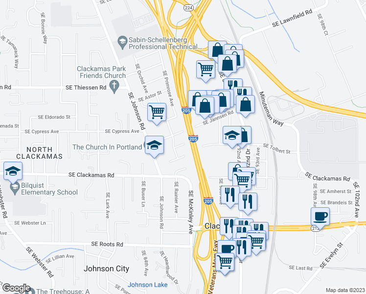 map of restaurants, bars, coffee shops, grocery stores, and more near 8686 Southeast Cormack Lane in Clackamas