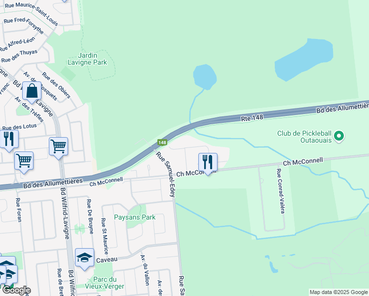 map of restaurants, bars, coffee shops, grocery stores, and more near Rue de Britannia in Gatineau