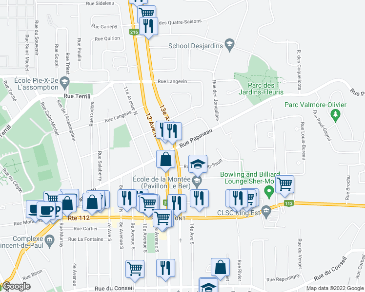 map of restaurants, bars, coffee shops, grocery stores, and more near 914 Rue Papineau in Sherbrooke
