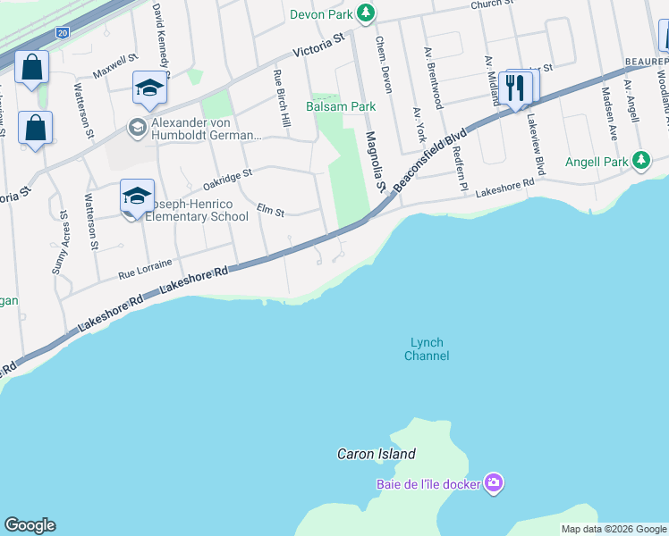 map of restaurants, bars, coffee shops, grocery stores, and more near 20036 Place Wilson in Baie-d'Urfé