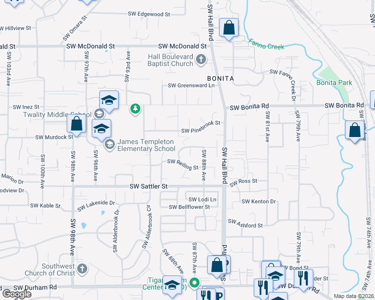 map of restaurants, bars, coffee shops, grocery stores, and more near 14865 Southwest 89th Court in Tigard