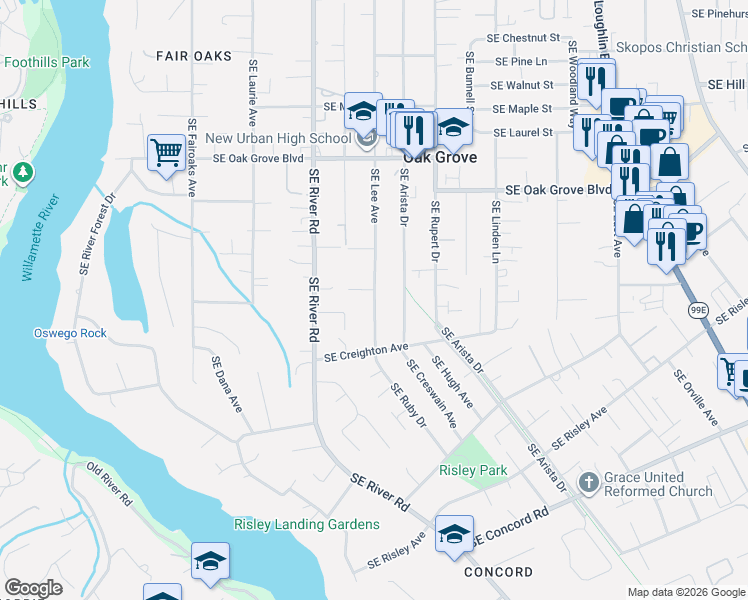 map of restaurants, bars, coffee shops, grocery stores, and more near 15301 Southeast Lee Avenue in Milwaukie