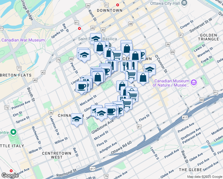 map of restaurants, bars, coffee shops, grocery stores, and more near in Ottawa
