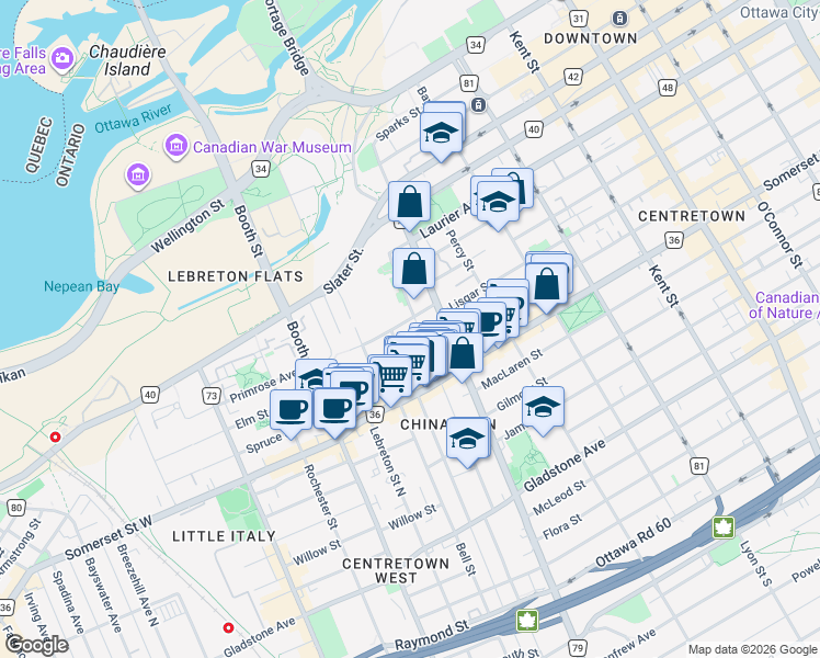 map of restaurants, bars, coffee shops, grocery stores, and more near in Ottawa