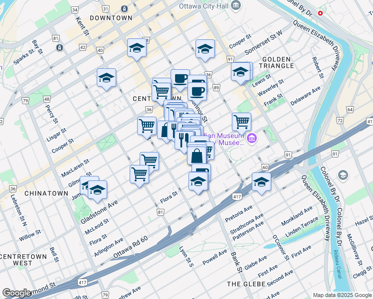 map of restaurants, bars, coffee shops, grocery stores, and more near in Ottawa