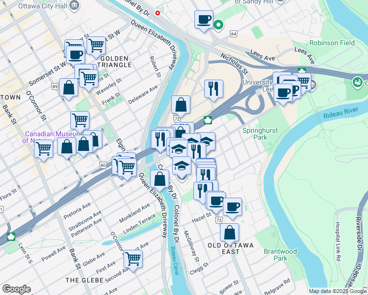 map of restaurants, bars, coffee shops, grocery stores, and more near 96 Hawthorne Avenue in Ottawa