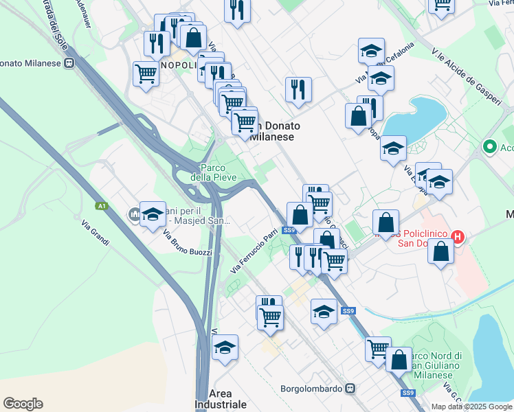 map of restaurants, bars, coffee shops, grocery stores, and more near 3 Via Cesare Zavattini in San Donato Milanese