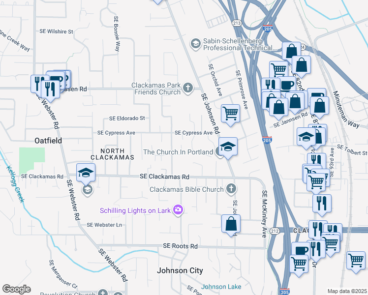map of restaurants, bars, coffee shops, grocery stores, and more near 8073 Southeast Rofini Court in Milwaukie