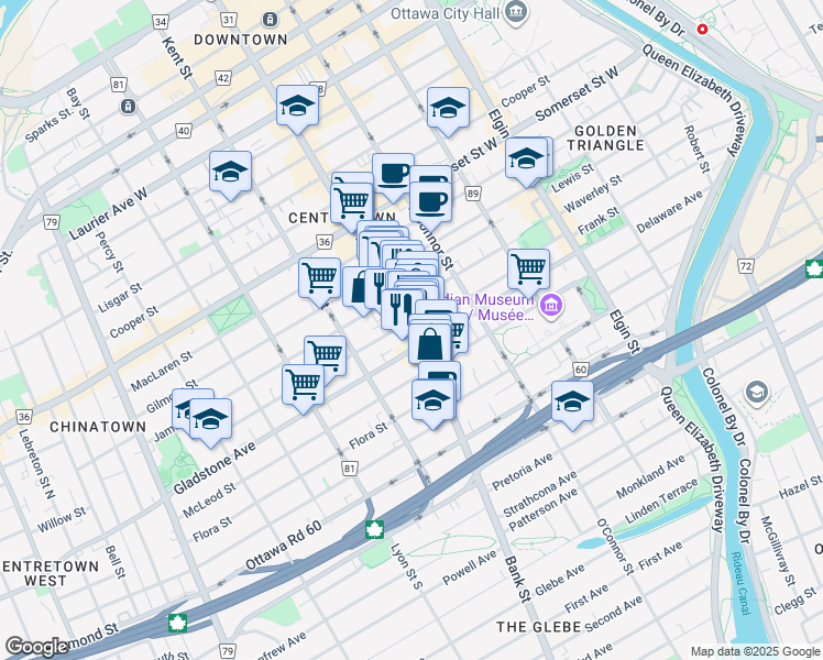 map of restaurants, bars, coffee shops, grocery stores, and more near 420 Bank Street in Ottawa