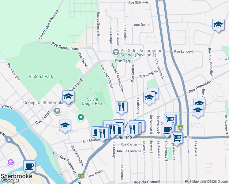 map of restaurants, bars, coffee shops, grocery stores, and more near 380 Rue Saint-Michel in Sherbrooke