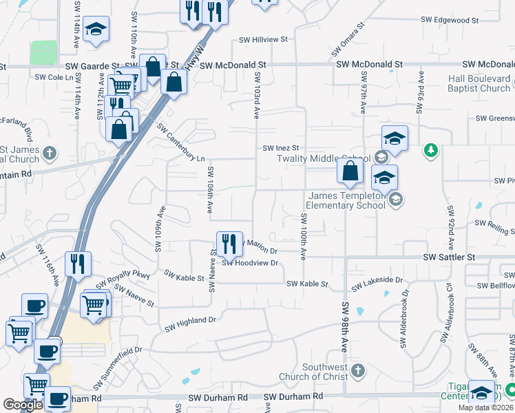 map of restaurants, bars, coffee shops, grocery stores, and more near 14860 Southwest 103rd Avenue in Tigard