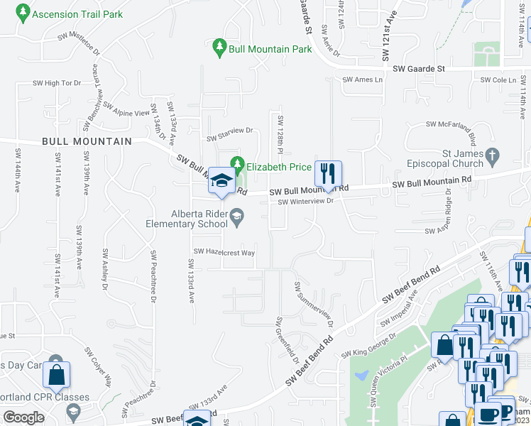 map of restaurants, bars, coffee shops, grocery stores, and more near 12895 Southwest Takena Court in Tigard