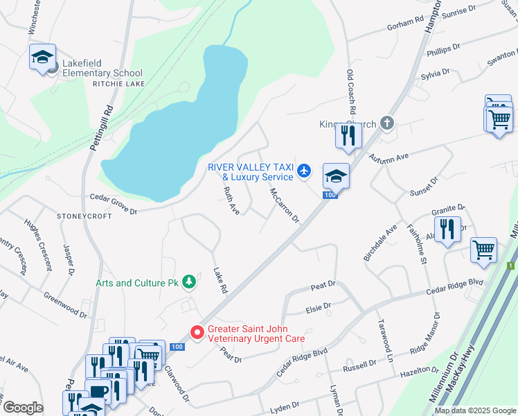 map of restaurants, bars, coffee shops, grocery stores, and more near 41 Samantha Avenue in Quispamsis
