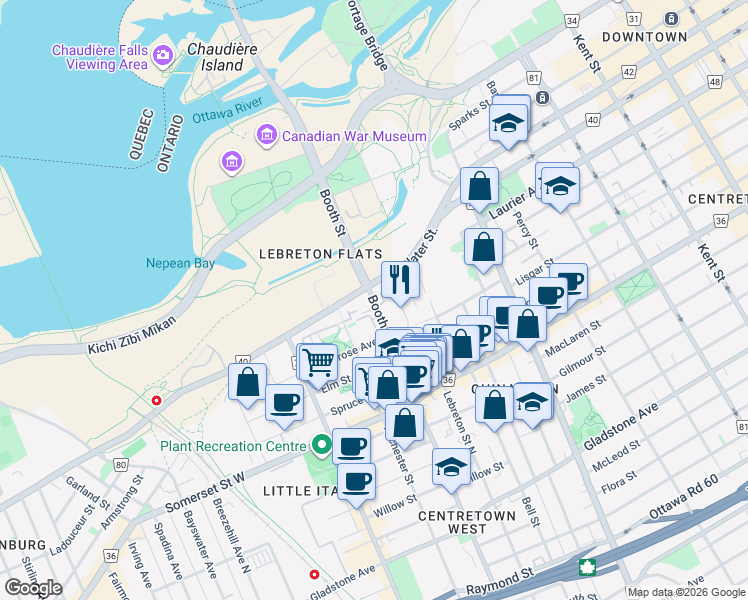 map of restaurants, bars, coffee shops, grocery stores, and more near Booth Street in Ottawa