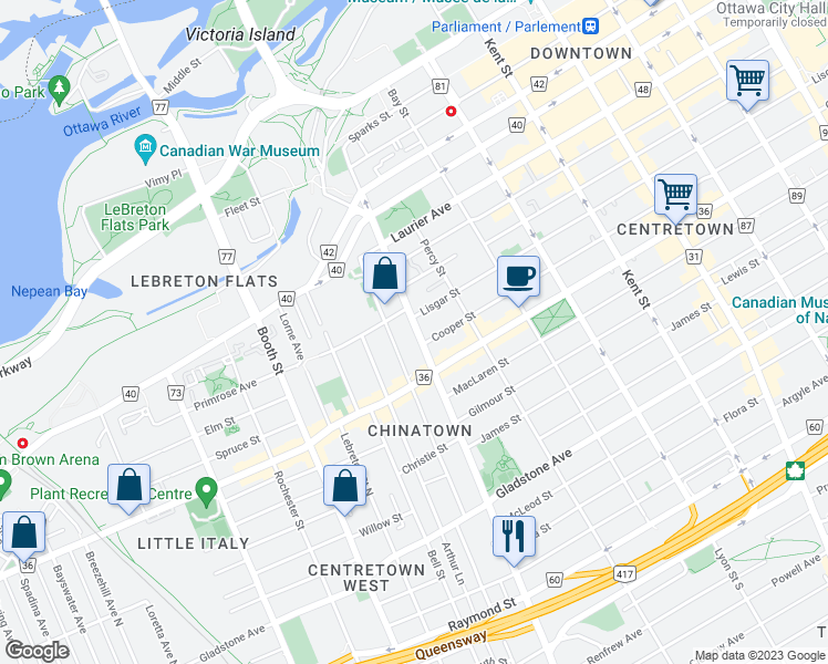 map of restaurants, bars, coffee shops, grocery stores, and more near 246 Bronson Avenue in Ottawa