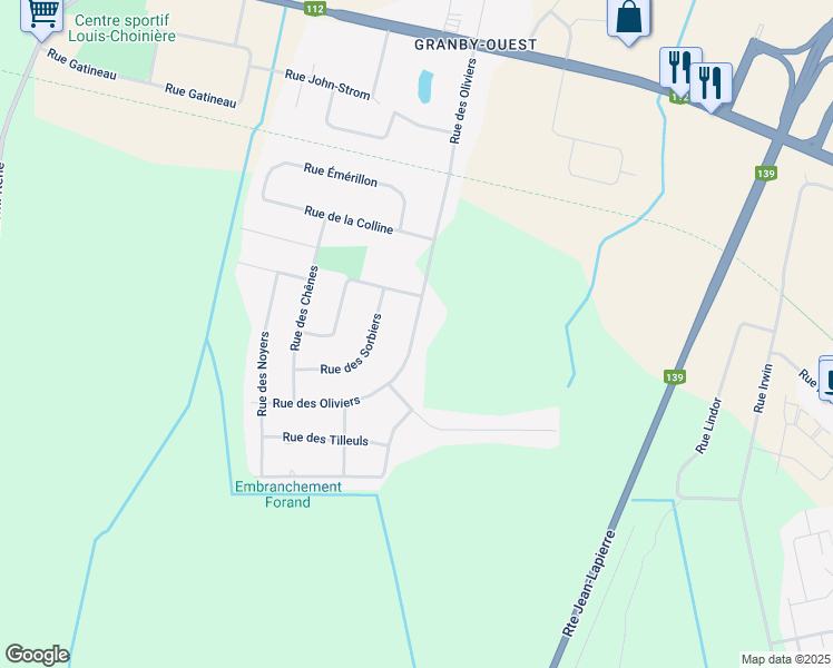 map of restaurants, bars, coffee shops, grocery stores, and more near 107 Rue des Oliviers in Granby