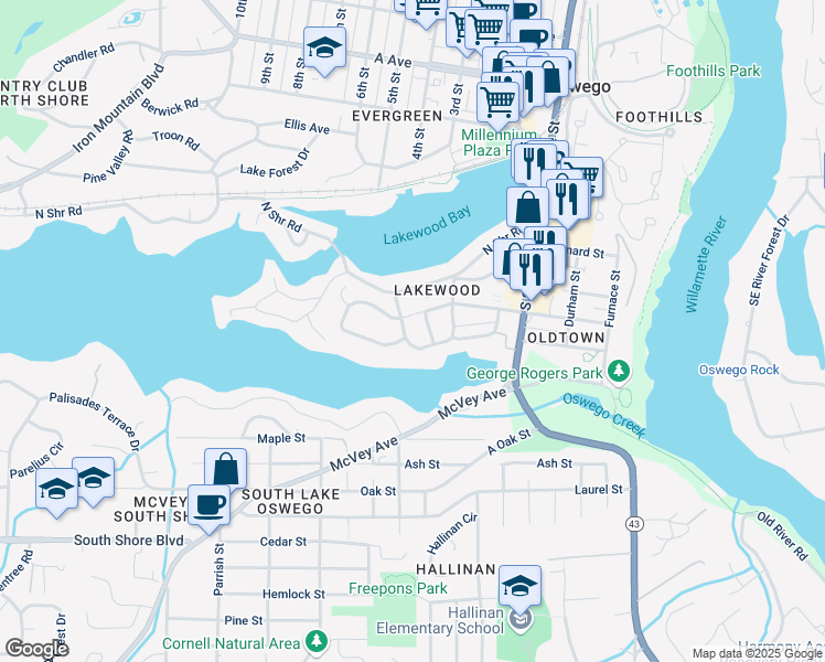 map of restaurants, bars, coffee shops, grocery stores, and more near 425 Kenwood Road in Lake Oswego