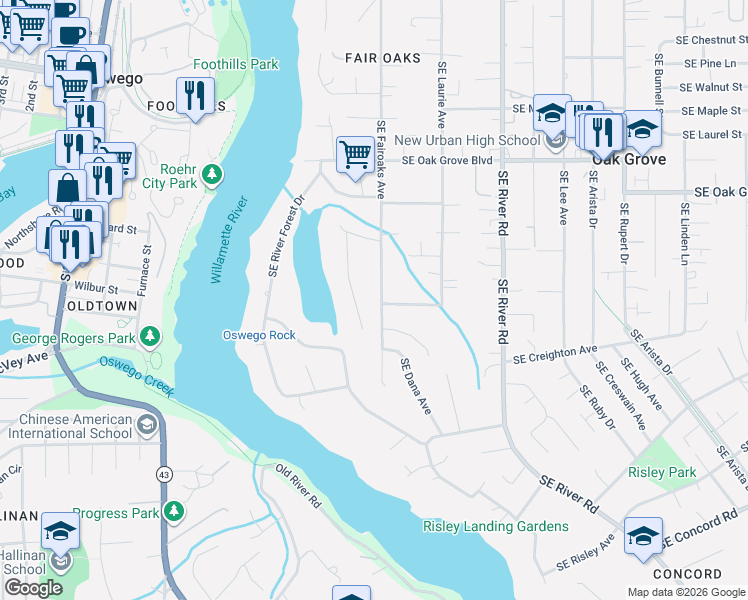 map of restaurants, bars, coffee shops, grocery stores, and more near 15323 Southeast Fairoaks Avenue in Milwaukie