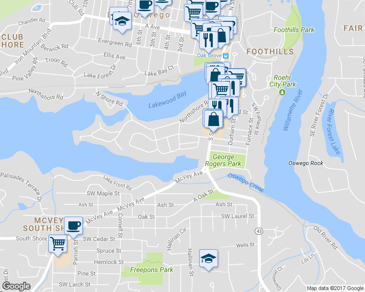 map of restaurants, bars, coffee shops, grocery stores, and more near 455 Lakewood Avenue in Lake Oswego