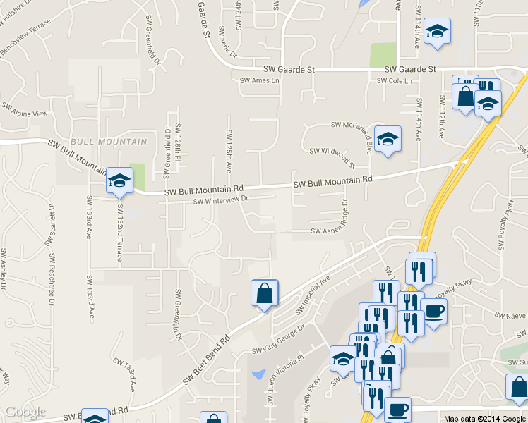 map of restaurants, bars, coffee shops, grocery stores, and more near 12305 SW Thornwood Dr in Tigard