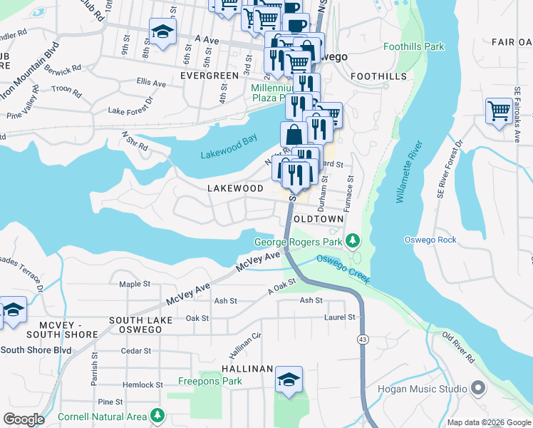 map of restaurants, bars, coffee shops, grocery stores, and more near 201 Ridgeway Road in Lake Oswego