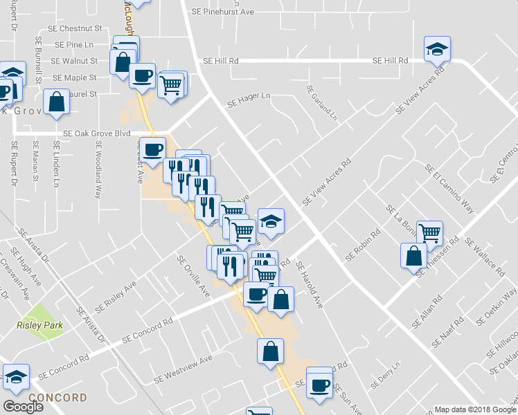 map of restaurants, bars, coffee shops, grocery stores, and more near 3866 Southeast Sunset Court in Milwaukie