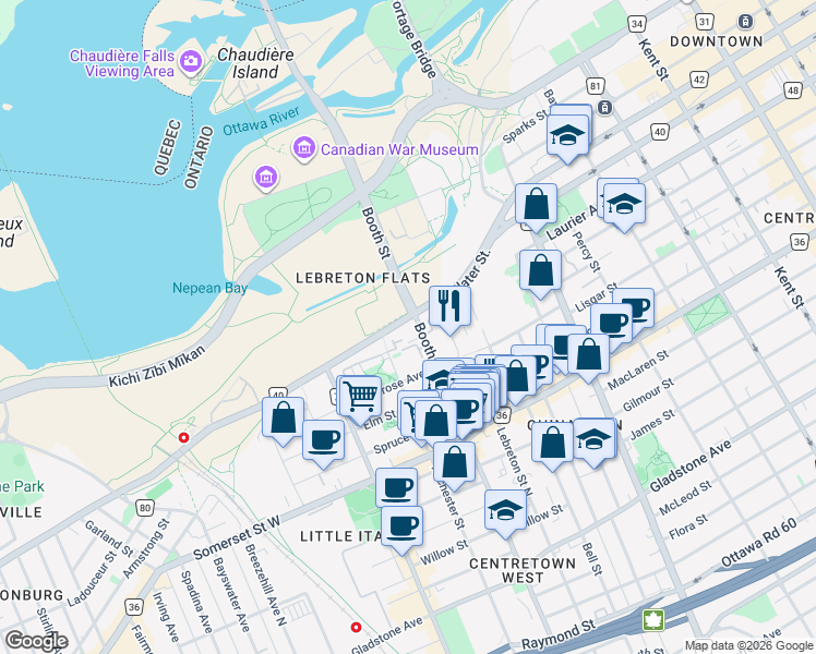 map of restaurants, bars, coffee shops, grocery stores, and more near 170 Booth Street in Ottawa