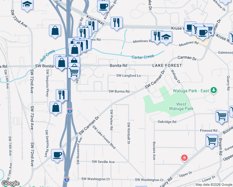 map of restaurants, bars, coffee shops, grocery stores, and more near 5840 Southwest Burma Road in Lake Oswego