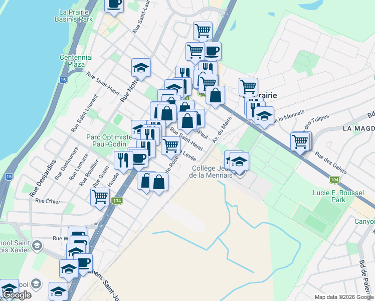 map of restaurants, bars, coffee shops, grocery stores, and more near 615 Rue de la Levée in La Prairie