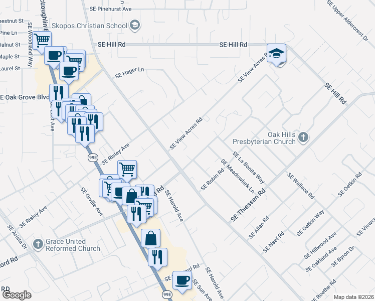 map of restaurants, bars, coffee shops, grocery stores, and more near 4135 Southeast Concord Road in Milwaukie
