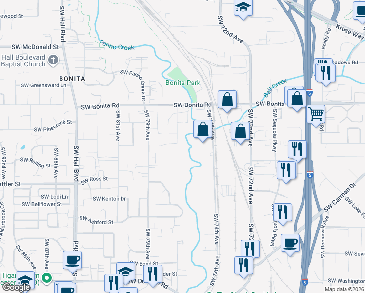 map of restaurants, bars, coffee shops, grocery stores, and more near 7594 Southwest Hansen Lane in Tigard