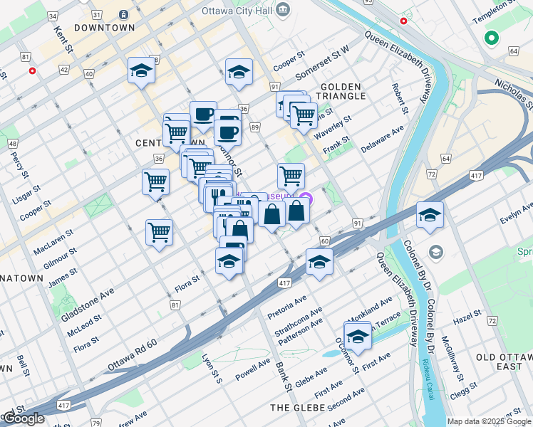 map of restaurants, bars, coffee shops, grocery stores, and more near 315 McLeod Street in Ottawa