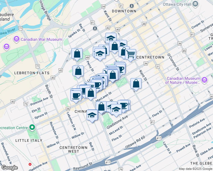 map of restaurants, bars, coffee shops, grocery stores, and more near in Ottawa