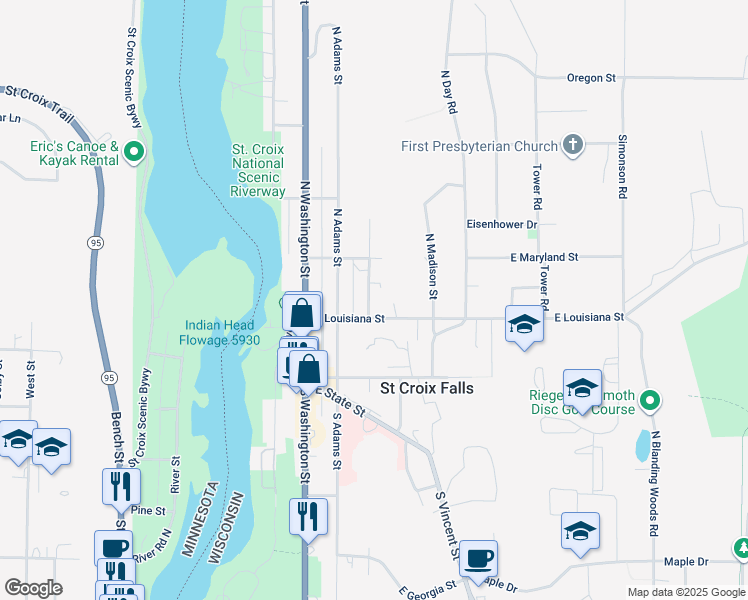 map of restaurants, bars, coffee shops, grocery stores, and more near 200 North Jefferson Street in Saint Croix Falls