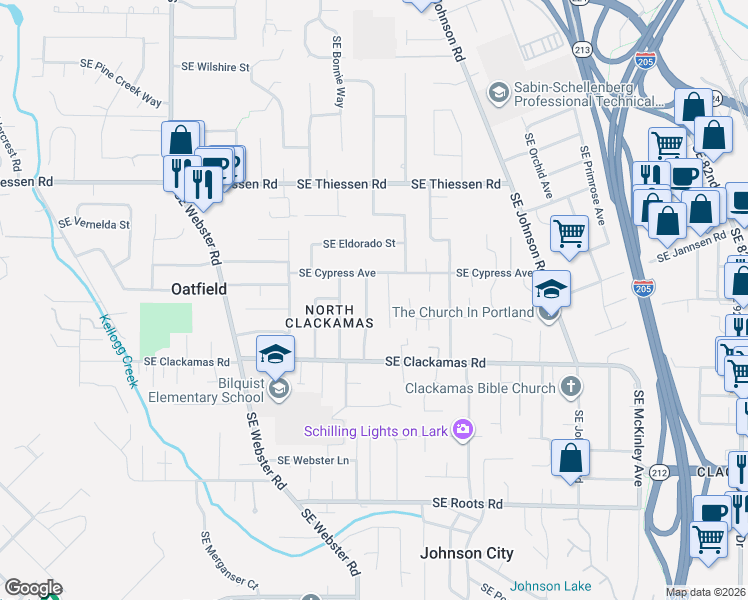 map of restaurants, bars, coffee shops, grocery stores, and more near 15252 Southeast Topaz Avenue in Milwaukie